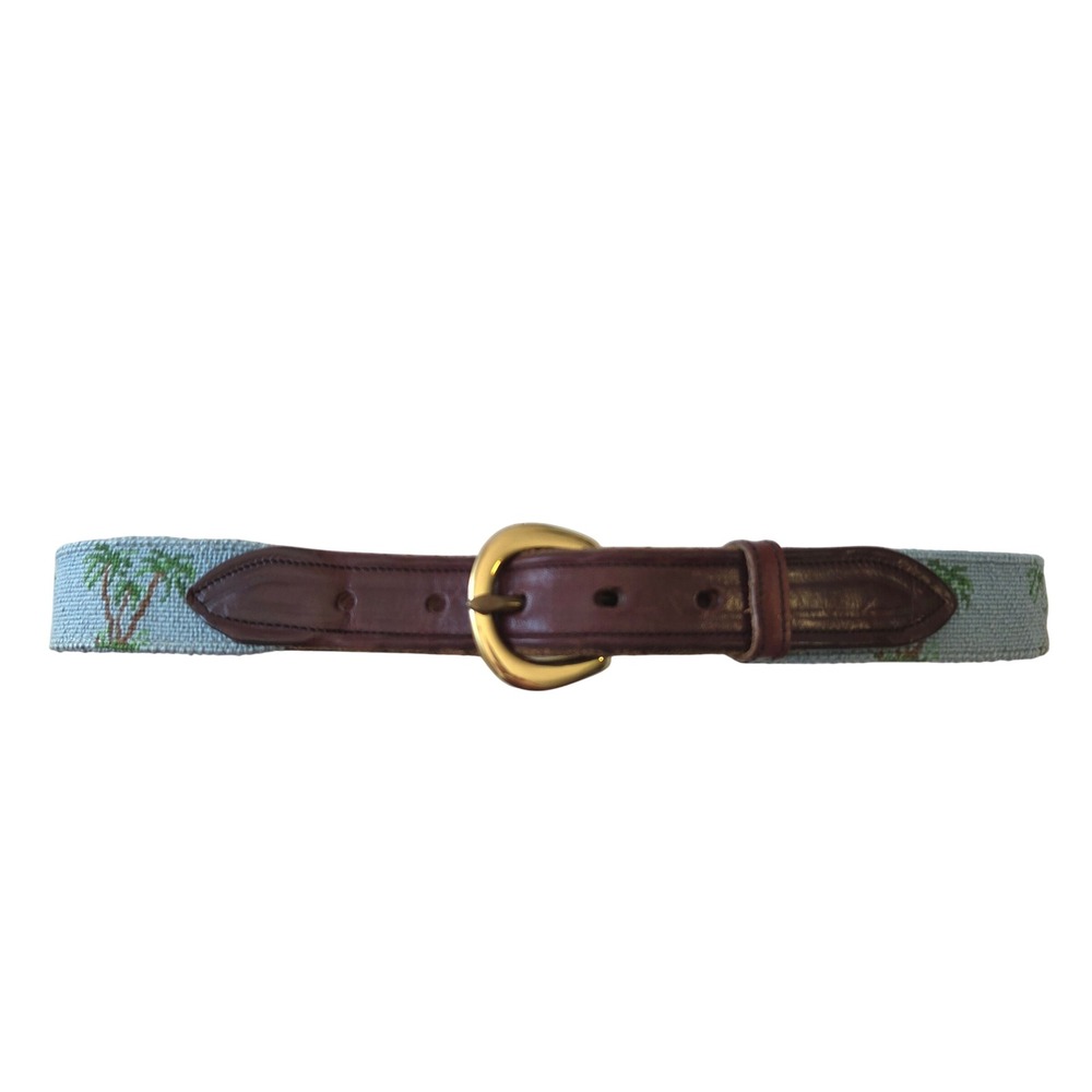 Mens Needlepoint Palm Tree Belt Leather Brass Buckle Blue Brown Size 32